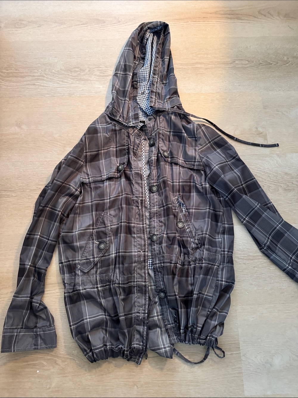 Free People Lightweight Hooded Plaid Jacket